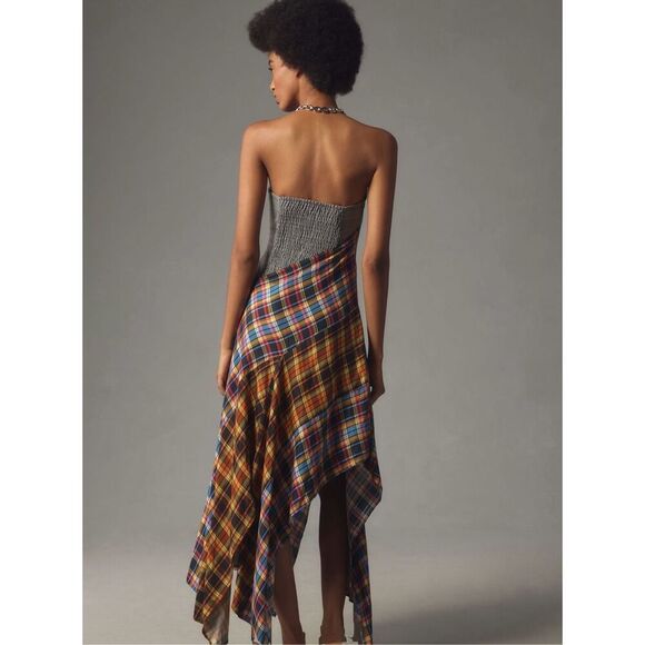 Anthropologie Maeve Plaid Patchwork Strapless Asymmetrical Midi Handkerchief Dre - Picture 3 of 11